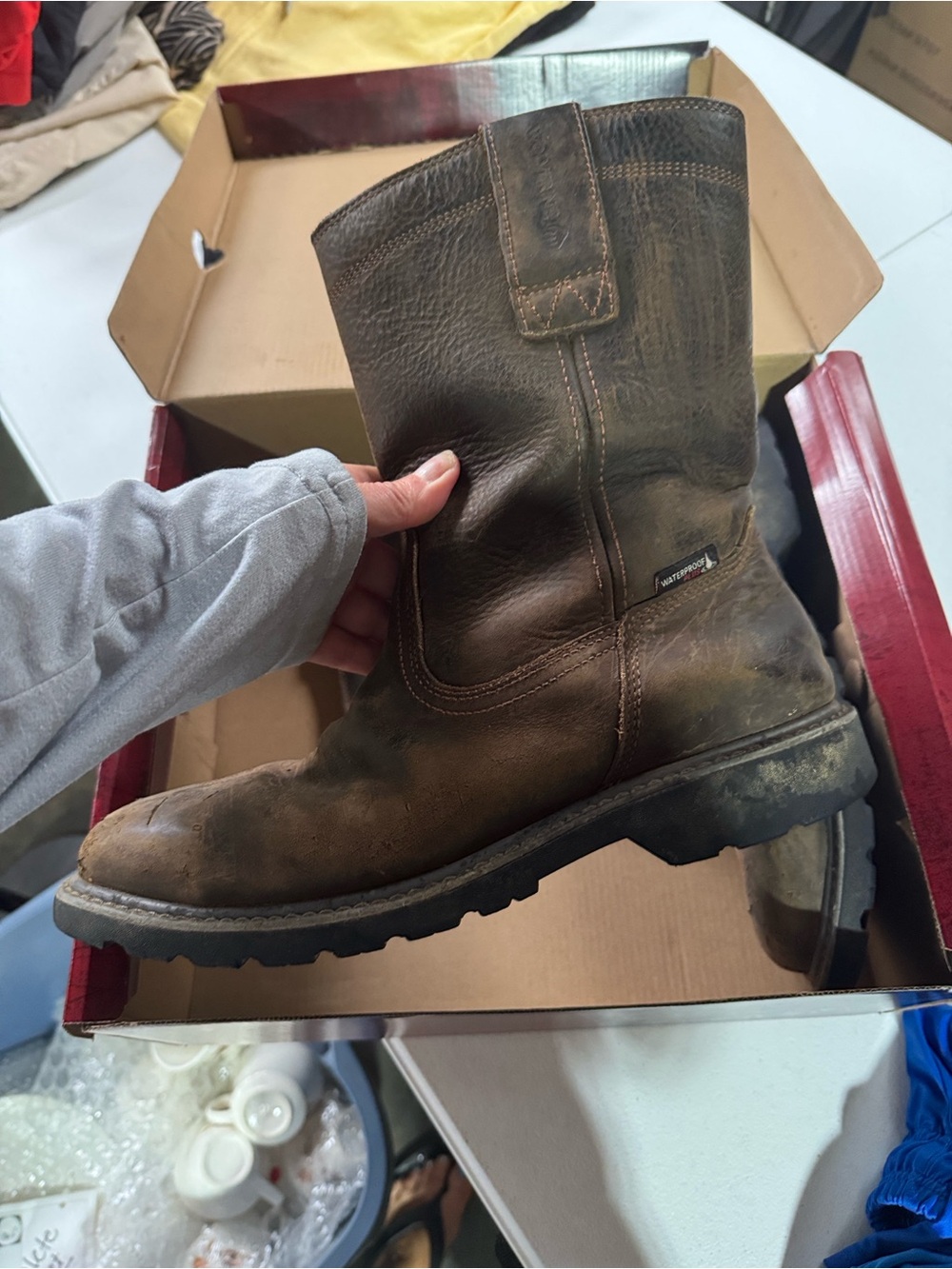 Men's Wolverine Waterproof Work Boot Floorhand square Toe Pull on Style USED